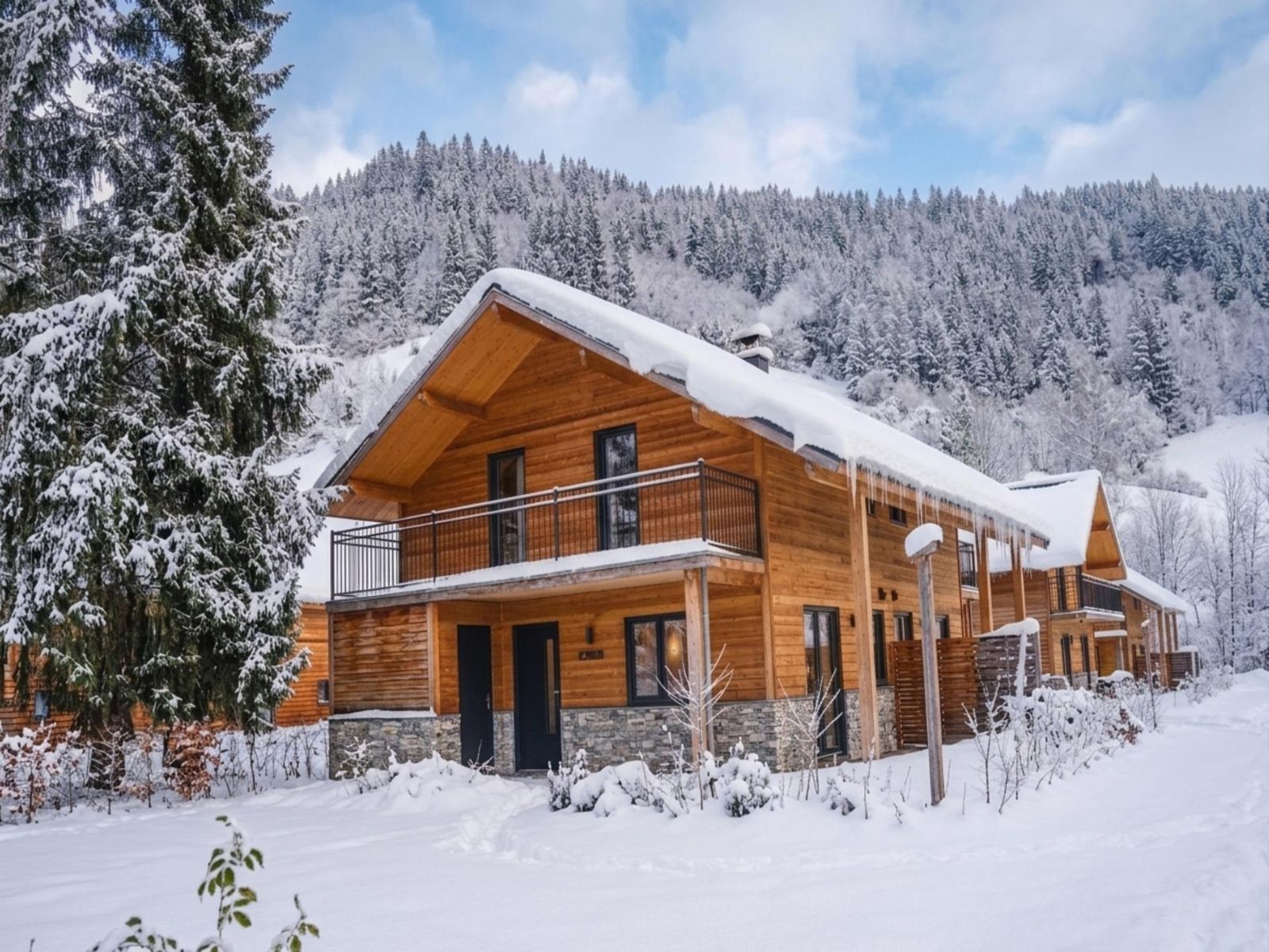 The vacation home in deep snow with a forested mountainside behind