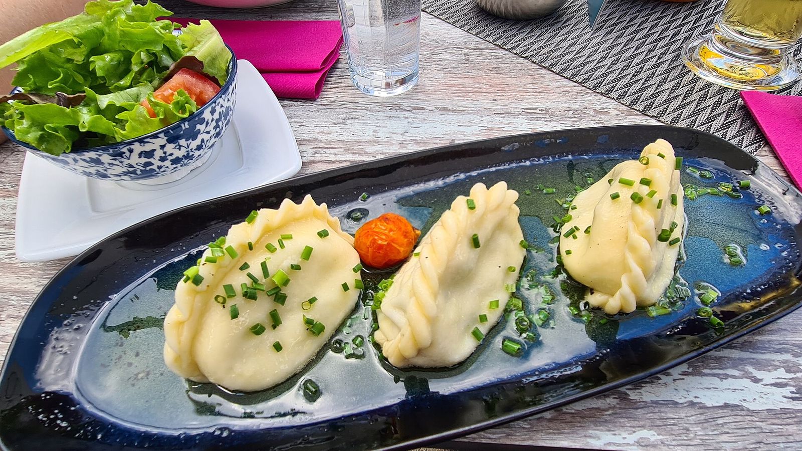 Plate of Carinthian Kasnudeln with chives at a nearby restaurant