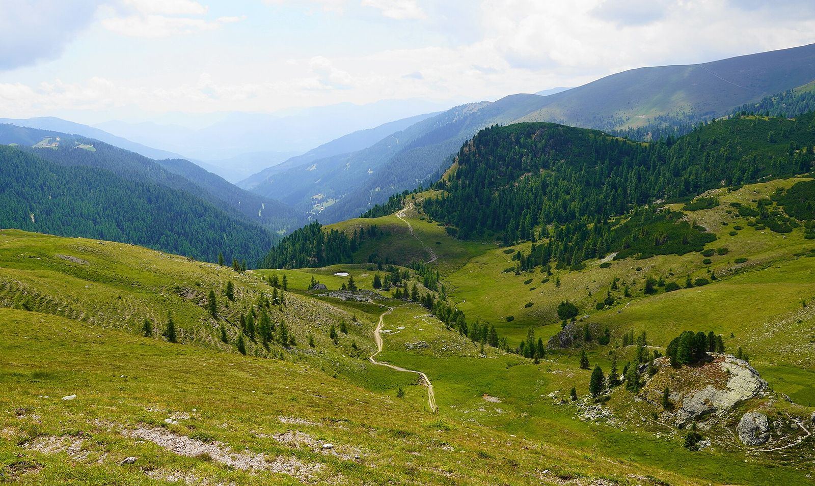 Green Langalm valley with a walking trail winding through alpine pastures in the Nockberge